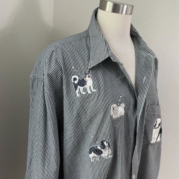 Mili Designs Womens Plus 1X Button Up Shirt Black White Dog Embroidered Gingham - Picture 2 of 15